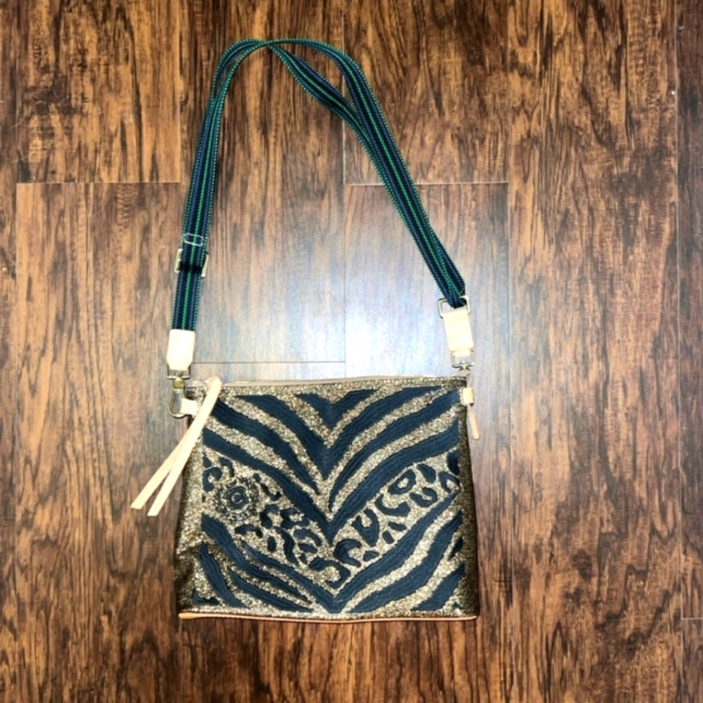 Consuela Black and Gold Patterned Crossbody Bag with Green Strap